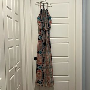 Multi colored maxi dress. Size 2 halter neck style. Short slip underneath